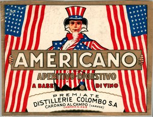 Annonce for italiensk short drink Americano, med allegorisk personificering af America Uncle Sam af Anonymous Anonymous