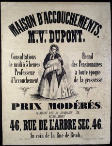 Annoncering for et fødehjem (barsel) i Paris i 1850. Madame Dupont, lave priser på 46 rue de l