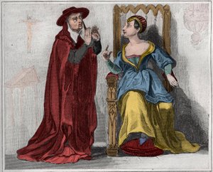 Agnes Sorel (1422-1450) (Dame af Beaute sur Marne) (Beaute-sur-Marne) med en kardinal. Stik fra 1859 i "" Le Monde. Alle folkeslags historie fra de fjerneste tider til i dag”. af M. E. de Lostalot-Bachoue (Lostalot Bachoue). . af Anonymous Anonymous