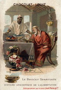 Madens anekdotisk historie: den spartanske gravbør. Denys den Ældre (431-367 f.Kr.), tyran fra Syracusa afskyede barven, da han smagte den. Kokken svarede, at han ikke måtte være sulten nok til at værdsætte det. Chokolade-Louit kromolitografi, slutningen a af Anonymous Anonymous