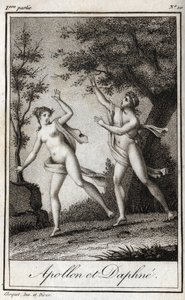 Apollo og Daphne. Nymfen Daphne bliver til en laurbær for at undslippe Apollo. Stik fra 1819 i "Lettres a Emilie sur la mythologie" af Charles Albert Demoustier (1760-1801). Privat samling. af Anonymous Anonymous