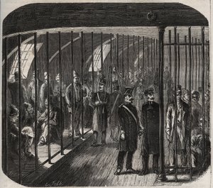 Ankomst af styrkerne om bord under konvojen fra Toulon til Cayenne (Guyana) i henhold til dekretet af 8. december 1851. Indgravering i "Historien om fængslerne fra deres oprettelse til i dag"" (1877) af Pierre Zaccone (1817- 1895) (Colonia Penale - Penal c af Anonymous Anonymous
