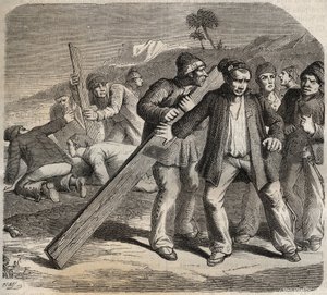 Flugtforsøg ved fortet Belle-Ile-en-Mer (smuk ø til søs) i det 19. århundrede. Indgravering i "Fangernes historie fra deres skabelse til i dag"" (1877) af Pierre Zaccone (1817-1895) (Colonia Penale - Straffekoloni). Privat samling. af Anonymous Anonymous