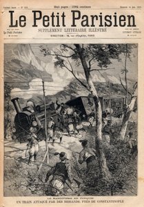 Banditry i Tyrkiet, et tog angrebet af røvere nær Konstantinopel. Stik i "" Le petit Parisien"" fra 1891. Privat samling. af Anonymous Anonymous
