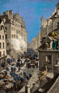 Slaget ved barrikaden i Rue Saint Antoine i 1830, gravering, privat samling af Anonymous Anonymous