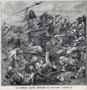 Kamp mellem Abyssins of Menelik II og italienere i Makalle, Etiopien. Gravering i "" Le Petite Parisien"" af Anonymous Anonymous