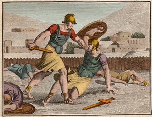 Slaget ved Horaces og Curiaces - Slaget mellem Horatii og Curiatii - Indgravering fra "" Ungdommens Rollin eller udvalgte stykker af antikke og romerske historier"" 1816 - Privat samling af Anonymous Anonymous
