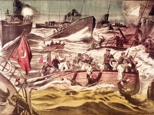 Slaget ved Kunfuda (Kunfida Kunfidah): søslag udkæmpet den 7. og 8. januar 1912, under den italiensk-tyrkiske krig (1911-1912), i Det Røde Hav, foran havnen i Kunfuda, Saudi-Arabien. af Anonymous Anonymous