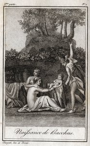 Fødsel af Bacchus, søn af Jupiter og Semele. Stik fra 1819 i "Lettres a Emilie sur la mythologie" af Charles Albert Demoustier (1760-1801). Privat samling. af Anonymous Anonymous