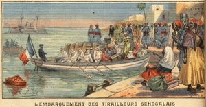 Boarding senegalesiske ryttere med deres kone. Gravering fra avisen "" Le Petite Parisien"", den 22/03/1908. Privat samling. af Anonymous Anonymous
