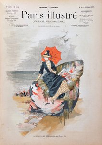 Ved havet, allegori af Habert Dys. Elegant kvinde med en paraply, der sidder på en kæmpeskal, poserer på sandet på en strand. Indgravering fra 1887 i "" Paris-Illustrous journal weekly"". af Anonymous Anonymous