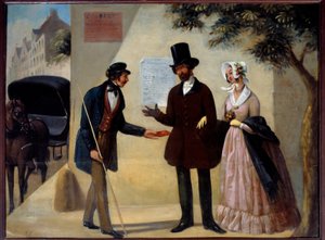 Cabaret-skilt "" Au coc fidele"", en parisisk kusk, der tilbyder sine tjenester til et par. Anonymt maleri fra det 19. århundrede. Sol. 0,64x0,84 m Paris, Musee Carnavalet af Anonymous Anonymous