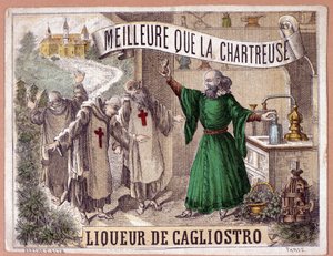 Cagliostro likør fremstillet af destillation af aromatiske urter af munke. kromolitografi fra det 19. århundrede. af Anonymous Anonymous