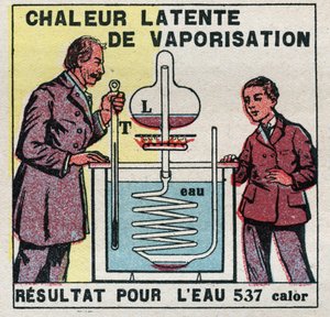 Kalorimetri: den latente fordampningsvarme målt med Marcellin Berthelots kalorimeter (1827-1907). Anonym illustration fra 1925. Privat samling. af Anonymous Anonymous