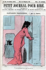 Tegnefilm om parisiske par. En kvinde med sin elsker beder pigen om at sende sin aftale tilbage med en anden mand: "Fortæl hende, at mor er her, og at jeg skal gå." Indgravering i "" Petity Journal pour Rire"" af Anonymous Anonymous