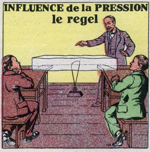 Ændringer i tilstande: indflydelse af tryk på fusion. Oplev regelen eller en wire strakt af en vægt passerer gennem et stykke is uden at knække det. Anonym illustration fra 1925. Privat samling. af Anonymous Anonymous