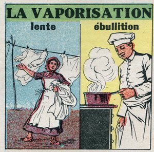 Ændringer i tilstande: langsom fordampning (vindpåvirkning) eller kogning (opvarm under en pande). Anonym illustration fra 1925. Privat samling. af Anonymous Anonymous
