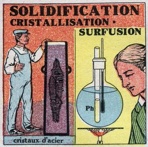 Ændringer i tilstande: størkning og krystallisation. Dannelse af stålkrystaller og superfusion af fosfor. Anonym illustration fra 1925. Privat samling. af Anonymous Anonymous