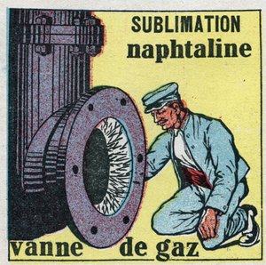 Ændringer i tilstande: sublimering. Naphthaline-depot, der tilstopper en gasventil. Anonym illustration fra 1925. Privat samling. af Anonymous Anonymous