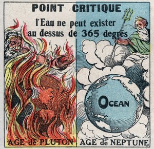 Ændringer i tilstande: dampe. Vand kan ikke eksistere over 365 grader (kritisk punkt). Anonym illustration fra 1925. Privat samling. af Anonymous Anonymous
