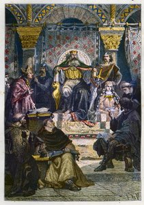 Karl den Store (742 - 814) på sin trone præsiderer over Paladsakademiet - Karl den Store (747-814) Frankernes konge og den kristne kejser af Vesten præsiderer over Slotsskolen i Aachen (Aachen) - gravering fra "" L