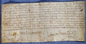 Charter for kong Karl den Store (Karl I, Karl den Store eller Carolus Magnus) (742-814), der fritager klosteret Saint Denis for vejafgifter under messen. Slutningen af det 8. århundrede. Paris, Nationalarkivet af Anonymous Anonymous
