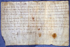 Charter for kong Karl den Store (Karl I, Karl den Store eller Carolus Magnus) (742-814), der fritager klosteret Saint Germain des Pres for skat den 27/03/779. Paris, Nationalarkivet af Anonymous Anonymous