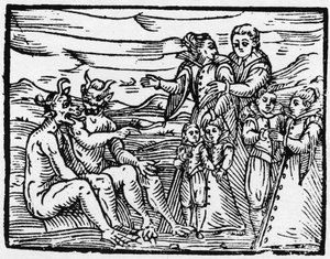 Barn optaget på sabbatten for første gang - "" Compendium Maleficarum"", omhandler hekse, deres ondskab og deres sortileges af Francesco Maria Guazzo eller Guaccio eller Guaccius (15?? -16??) 1608 privatsamling af Anonymous Anonymous