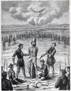 Kristenforfølgelse: den franske missionærpræst Joseph Marchand led "pine af de hundrede sår" i Cochinchina den 30. november 1835. Indgravering i "Les Missions Catholiques au XIXeme Siecle"" af Louis-Eugene (Louis Eugene) Louvet. privat co af Anonymous Anonymous