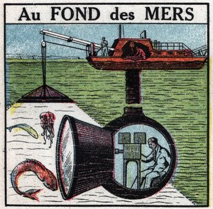 Kinematograf: optagelse af en film på bunden af havene. Anonym illustration fra 1925. Privat samling. af Anonymous Anonymous