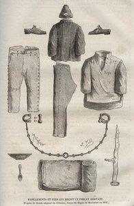 Tøj og strygejern modtaget af en styrke, der ankom til bagne de Rochefort i det 19. århundrede (fra den originale tegning af Clemans, forcat du bagne i 1840). Indgravering i "Fangernes historie fra deres skabelse til i dag" (1877) af Pierre Zaccone (18. af Anonymous Anonymous