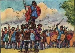 Clovis (konge af francerne fra 481 til 511) blev valgt til konge af salianerne, som bar ham på bolværket (skjoldet), mens de rejste rundt i lejren. Anonym illustration i "" Collection des souverains et chefs d