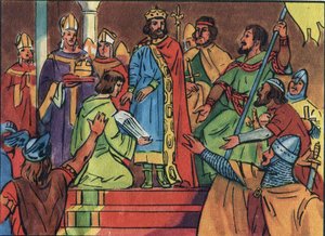 Kroningen af Hugues Capet (941-996) i Noyon i 987, af Adalberon (ca. 925-990), arkevek i Reims. Denne kroning markerede begyndelsen på Capetians dynasti, konger af Frankrig, der genvandt, enten direkte eller indirekte, i 8 år. Anonym illust af Anonymous Anonymous