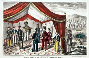 Kosakker besøger den tyrkiske Mushir efter slaget ved Kurekdere - Anonym - 1855 - Litografi, akvarel - 55,7x68 - Privat samling af Anonymous Anonymous