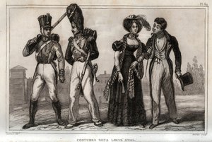 Kostumer under Ludvig XVIII. Stik fra 1859 i "" Le Monde. Alle folkeslags historie fra de fjerneste tider til i dag”. af M. E. de Lostalot-Bachoue (Lostalot Bachoue). Privat samling. af Anonymous Anonymous
