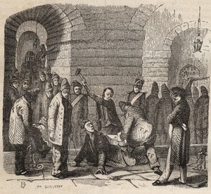 Kobling ved Rochefort bagne i det 19. århundrede. Indgravering i "Fangernes historie fra deres skabelse til i dag"" (1877) af Pierre Zaccone (1817-1895) (Colonia Penale - Straffekoloni). Privat samling. af Anonymous Anonymous