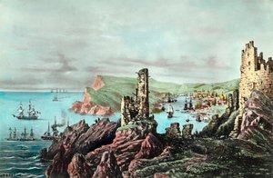 Krim -krig: Udsigt til Balaklava Harbour i Krim. Gravering omkring 1854-1855. Privat samling af Anonymous Anonymous