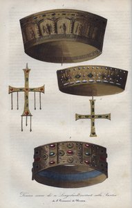 Kroner af suverianerne i det lombardiske kongerige (568-774), bevaret i basilikaen Saint John of Monza - Forskellige kroner af de lombardiske konger bevaret i basilikaen San Giovanni di Monza - gravering fra "" Usi e Costumi di Tutti i i Popoli dell af Anonymous Anonymous
