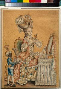 Dame ved et toilet med en sort dreng - Anonymt værk, Akvarel på papir omkring 1770 (29,2 x 21,2 cm) - Tretyakov-statsgalleriet, Moskva af Anonymous Anonymous