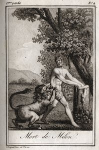 Død af Milon de Crotone (Milo af Croton) fortære af en ulv. Stik fra 1819 i "Lettres a Emilie sur la mythologie" af Charles Albert Demoustier (1760-1801). Privat samling. af Anonymous Anonymous
