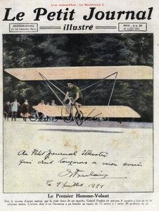 Dedikeret portræt af den franske opfinder og cykelrytter Gabriel Poulain ombord på sin "aviette", en cykel udstyret med toplansvinger, der gjorde det muligt for ham at flyve et par meter uden motor. Illustration taget fra "" Le petit journal illustrious""  af Anonymous Anonymous
