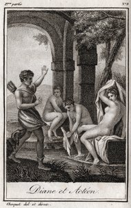 Diane og Acteon (Diana og Actaeon) Diane overraskede i badet af jægeren Acteon. Stik fra 1819 i "Lettres a Emilie sur la mythologie" af Charles Albert Demoustier (1760-1801). Privat samling. af Anonymous Anonymous
