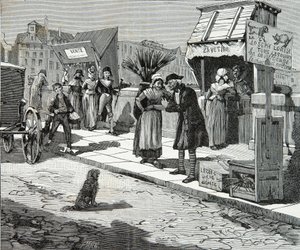 Hundetrimmere på broen ni i Paris omkring 1796, gravering, privat samling af Anonymous Anonymous