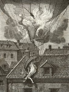 Dramatisk død af Madame Sophie Blanchard (1778-1819), aeronaute den 6. juli 1819 over Tivolis haver i Paris, gravering, privat samling af Anonymous Anonymous