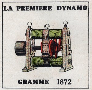 Dynamo: den første dynamo opfundet af Zenobe Theophile Gram (1826-1901) i 1872. Anonym illustration fra 1925. Privat samling. af Anonymous Anonymous
