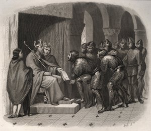 Edvard Bekenderen (en af de sidste angelsaksiske konger af England) - St. Edvard Bekendelsesfaderen (1004-1066) giver nye love til sit folk. Indgravering fra 1846 i ""De helliges liv"". Privat samling. af Anonymous Anonymous