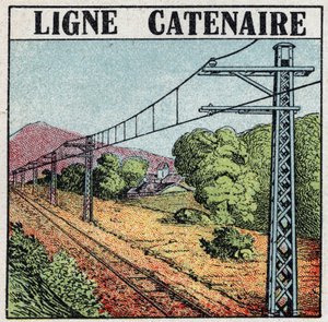 Elektriske jernbaner: Catennial linje. Anonym illustration af 1925. Privat samling. af Anonymous Anonymous