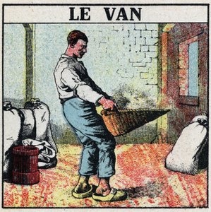 Elektrisk værktøj: varevognen eller flettet kurv bruges til at tørre korn før opfindelsen af elektriske maskiner. Anonym illustration fra 1925. Privat samling. af Anonymous Anonymous