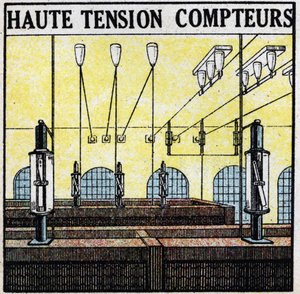 Elektriske ledninger: højspændingsmålere. Anonym illustration fra 1925. Privat samling. af Anonymous Anonymous