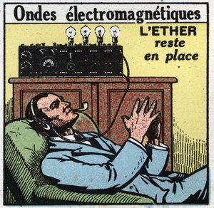 Elektriske fænomener: hvis æteren forbliver på plads, giver vibrationsbevægelsen de elektromagnetiske bølger, der bruges i T.S.F. Anonym illustration af 1925. Privat samling. af Anonymous Anonymous